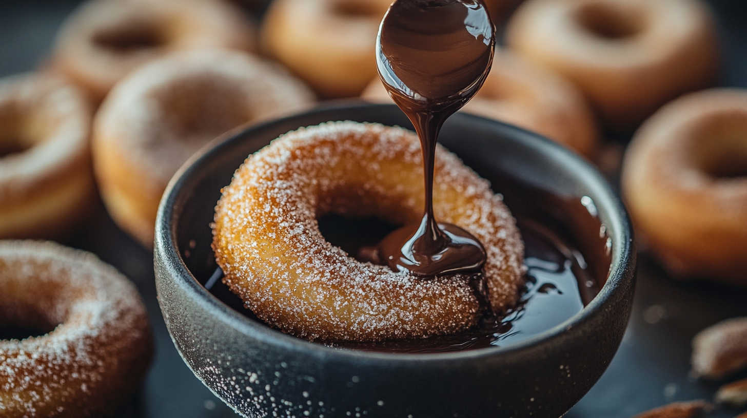 A churro donut being dipped into a bowl of melted chocolate sauce, surrounded by cinnamon sugar-coated donuts.