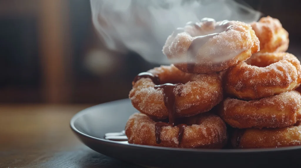 Freshly baked churro donuts coated with cinnamon sugar, served with chocolate dipping sauce on a white platter.