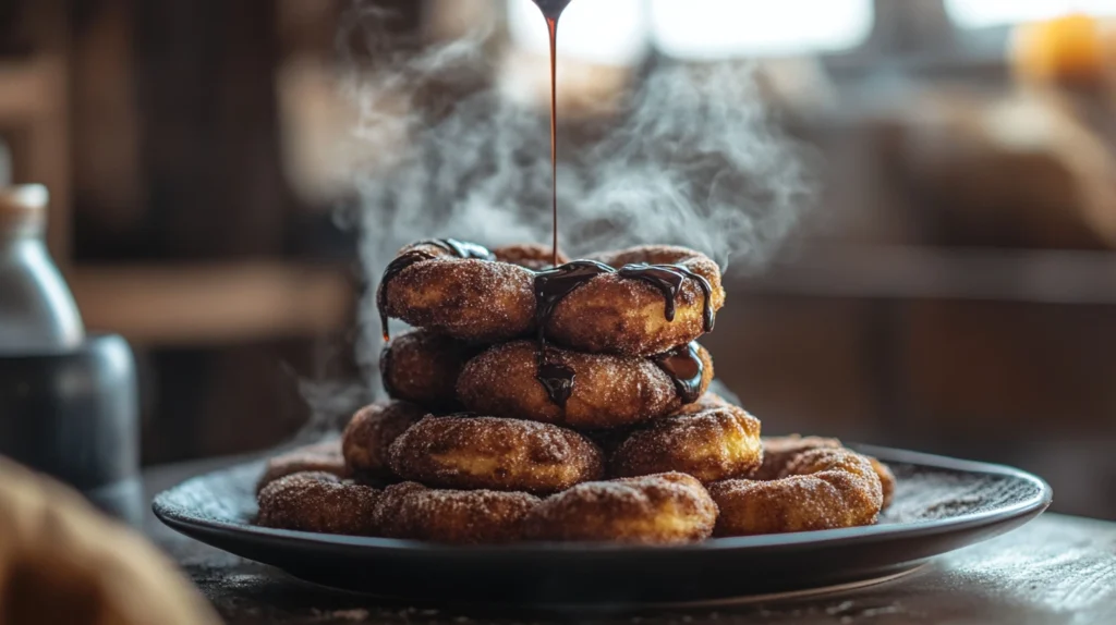 A churro donut being dipped into a bowl of melted chocolate sauce, surrounded by cinnamon sugar-coated donuts.