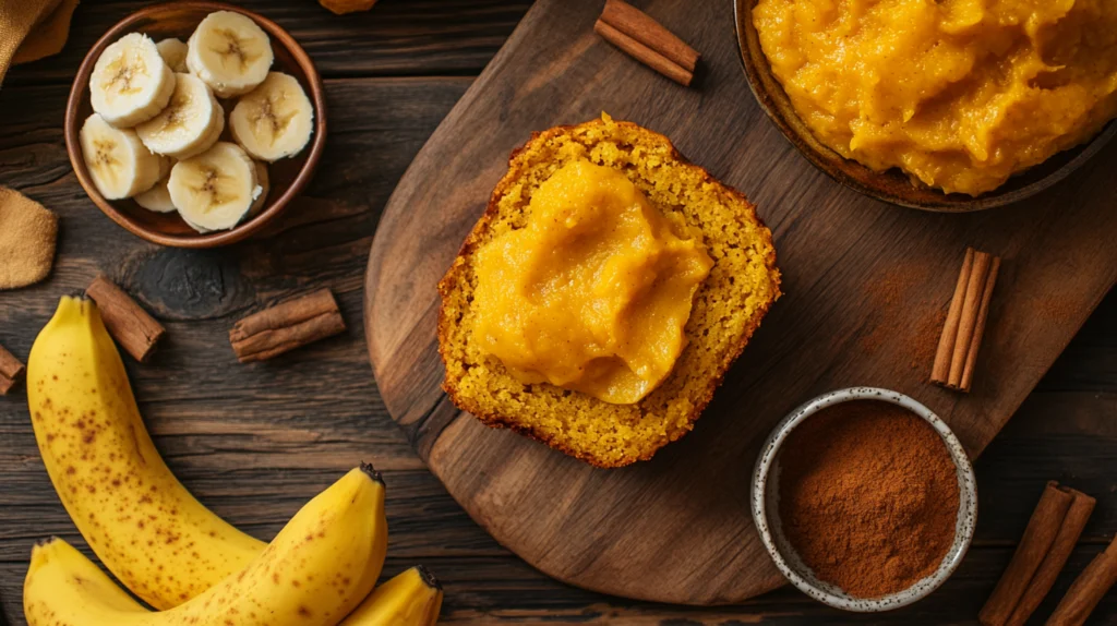 Sliced almond pumpkin banana bread on a platter, topped with banana slices and nuts, with coffee nearby.