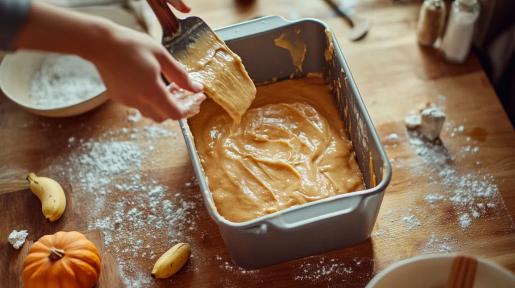  Hands pouring almond pumpkin banana bread batter into a parchment-lined loaf pan, surrounded by ingredients.