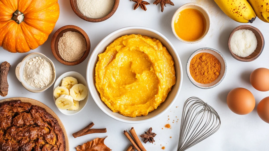  Ingredients for almond pumpkin banana bread, including bananas, pumpkin puree, almond flour, and spices arranged in bowls.