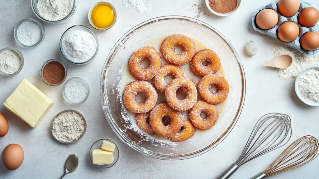 Mixing churro donut batter with whisk and surrounded by ingredients like flour, eggs, butter, and cinnamon on a kitchen counter.