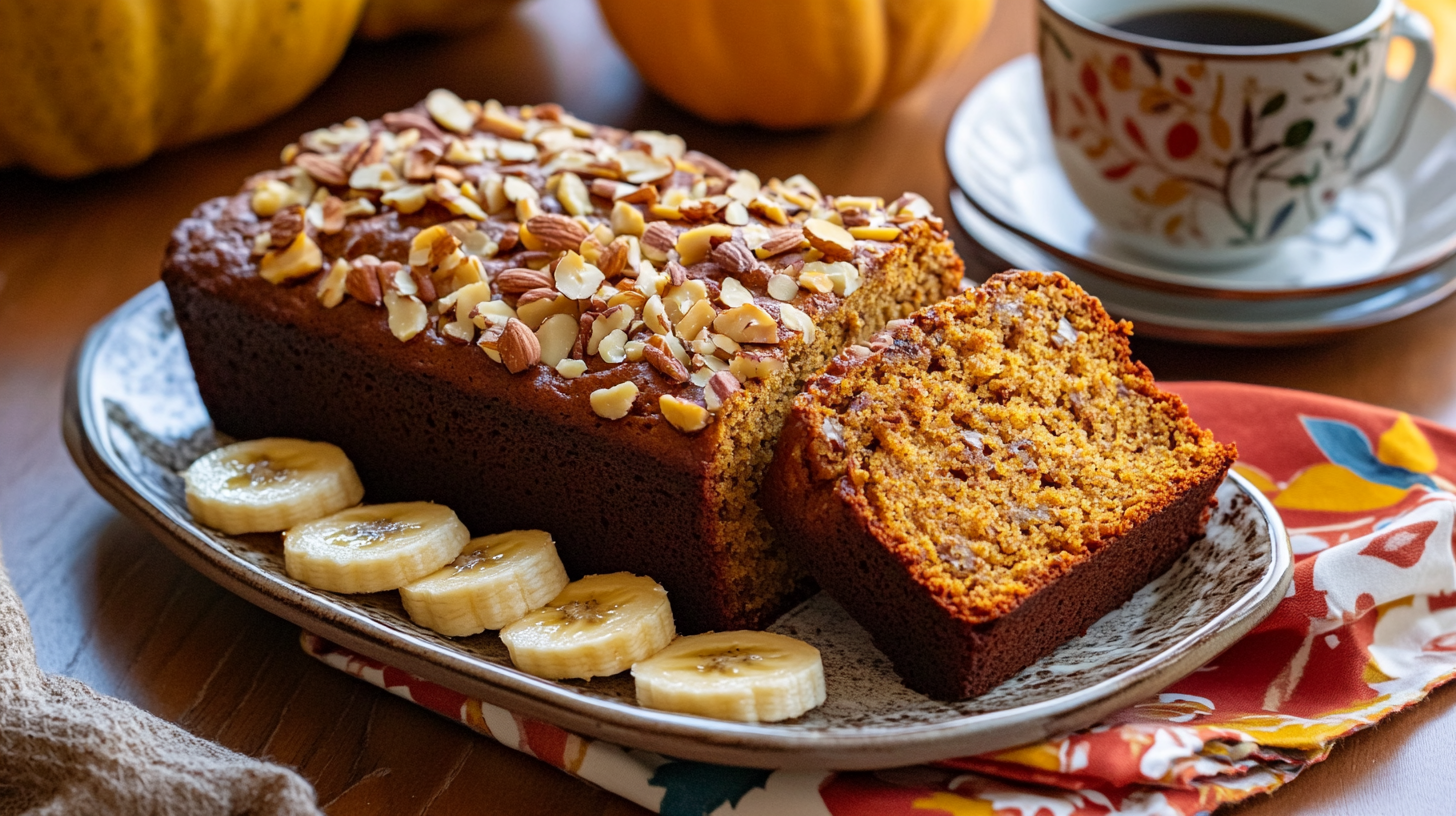 Sliced almond pumpkin banana bread on a platter, topped with banana slices and nuts, with coffee nearby.