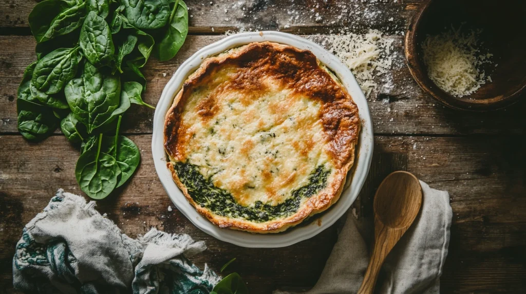 Freshly baked spinach souffle in a white ceramic dish, golden brown and fluffy, fresh spinach leaves on the side. 