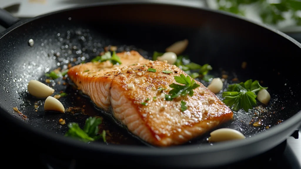 Close-up of pan-seared salmon in a black skillet with golden-brown crispy skin, surrounded by garlic and parsley.