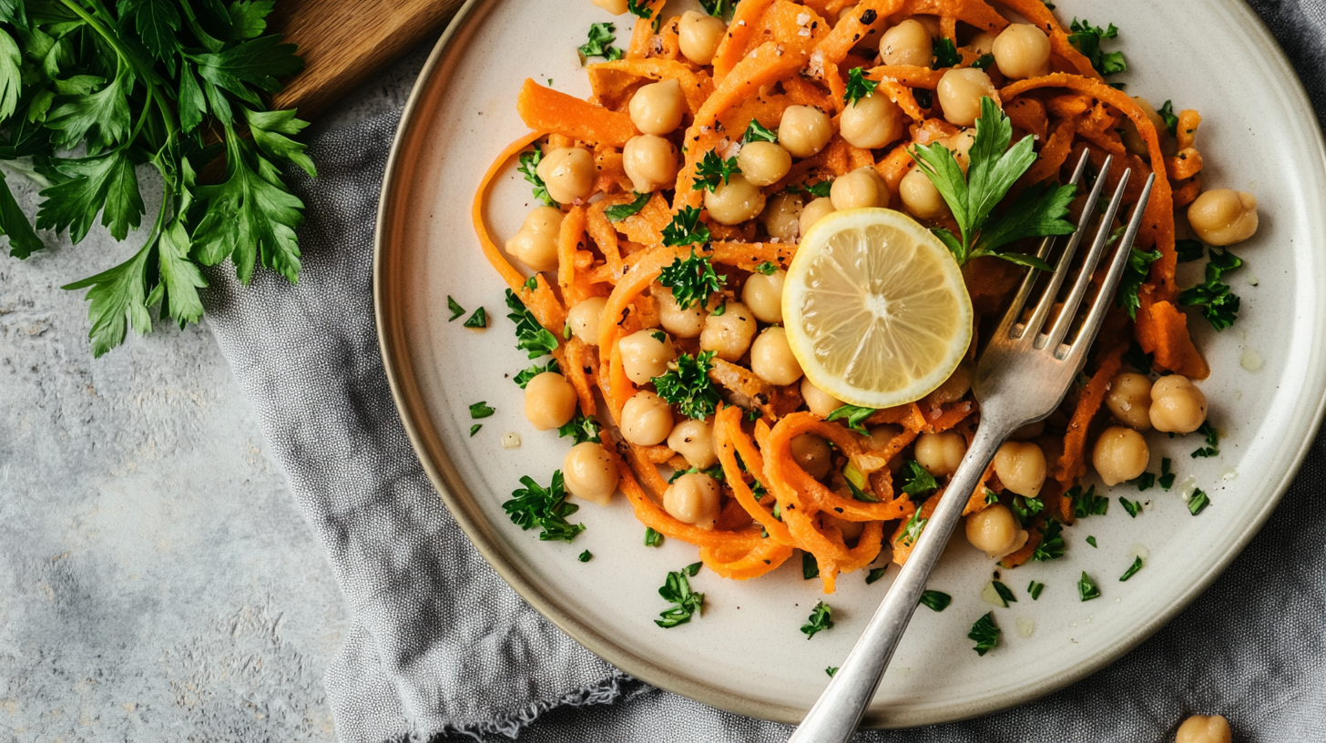 Plated carrot and chickpea salad with parsley lemon, garnished with parsley and a lemon wedge on a white plate