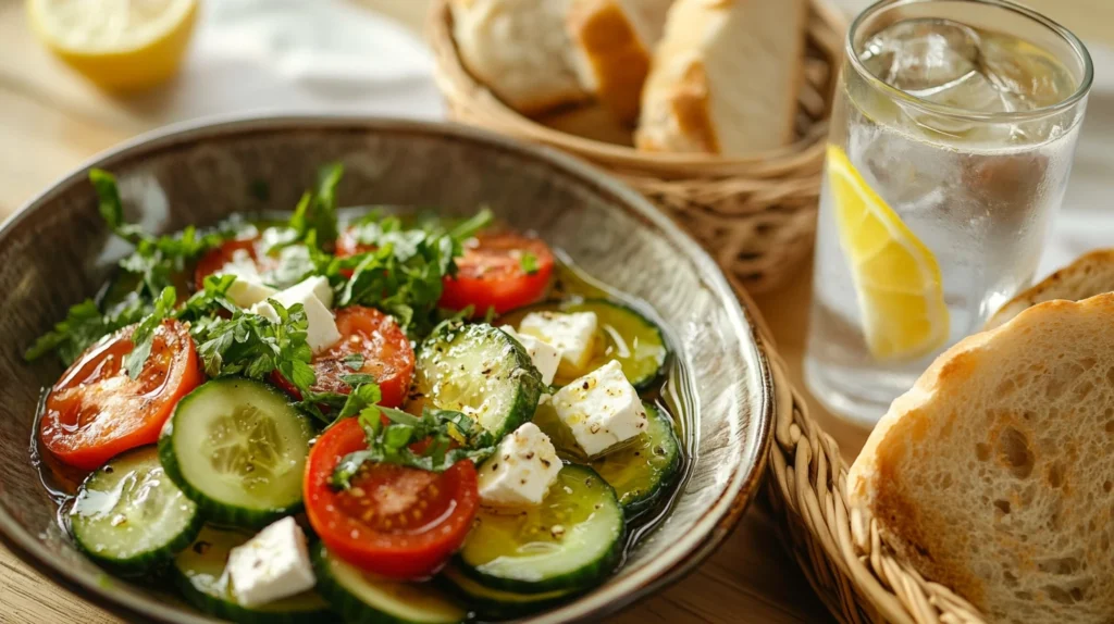 A plated cucumber and tomato feta salad garnished with herbs and served with crusty bread.