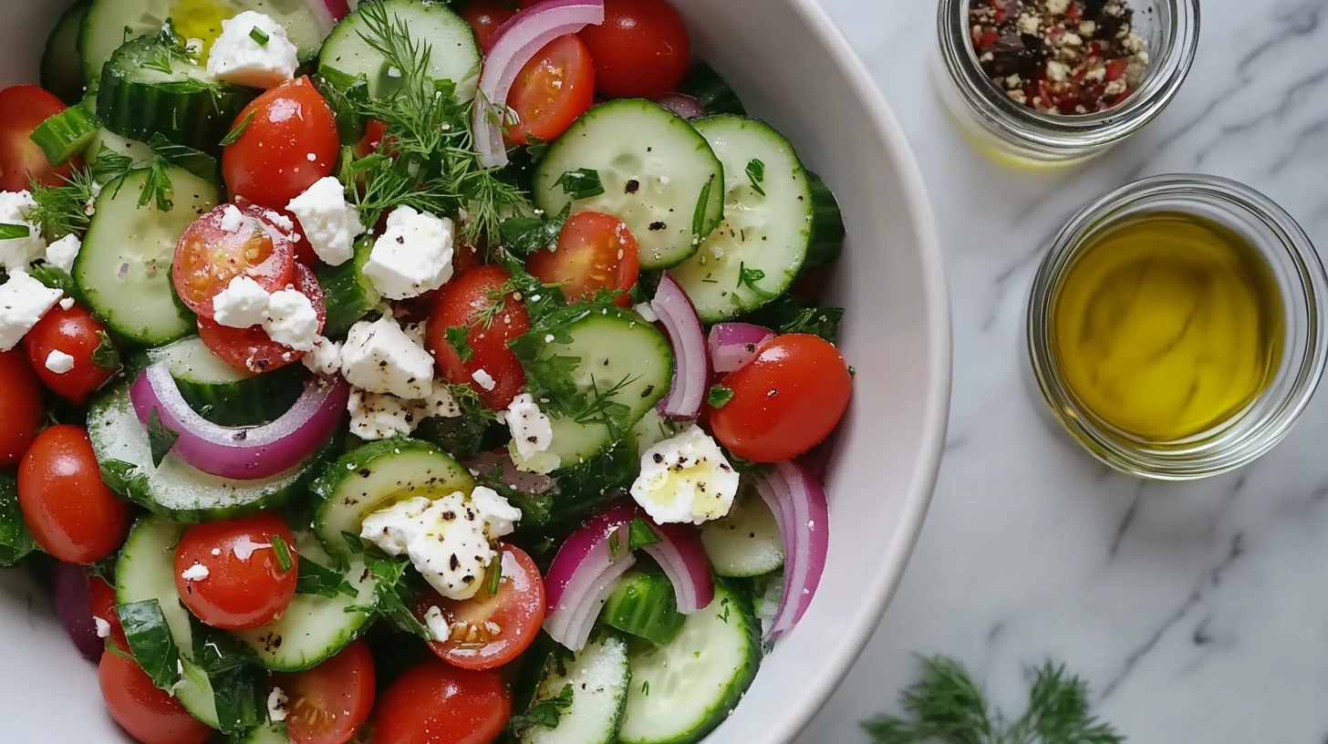 A fresh cucumber and tomato feta salad in a white serving bowl with vibrant vegetables and feta cheese.