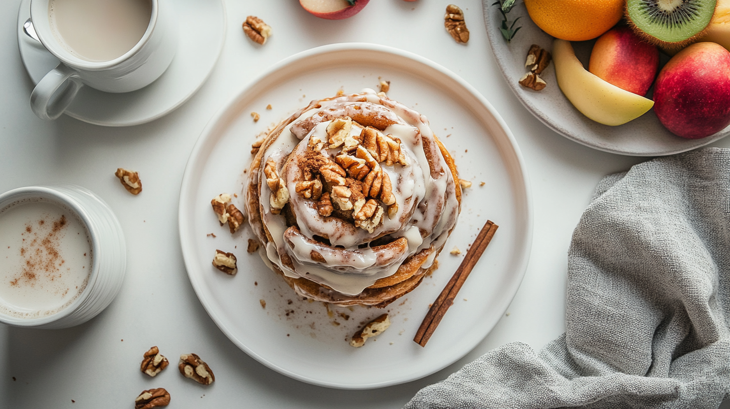 Healthy cinnamon rolls served with Greek yogurt icing, garnished with nuts and cinnamon sticks, alongside almond milk latte.