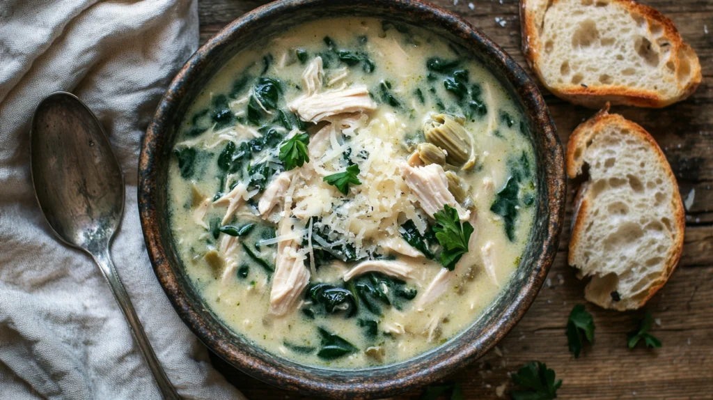 A beautifully presented bowl of chicken spinach artichoke soup with crusty bread and garnishes, ready to enjoy as a comforting meal.