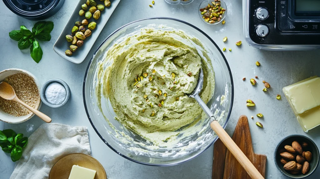 A mixing bowl with creamy pistachio filling surrounded by pistachios, butter, icing sugar, and a wooden spoon on a kitchen counter.