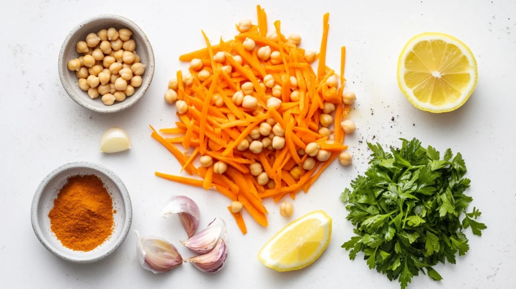 Flat lay of ingredients for carrot and chickpea salad, including shredded carrots, chickpeas, parsley, lemon, garlic, and cumin.