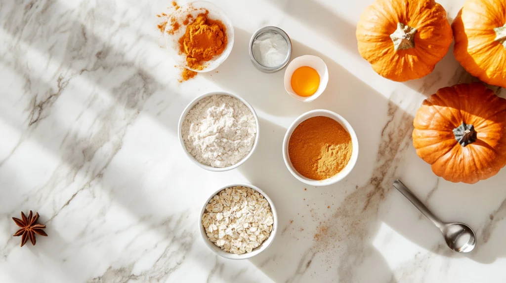 Ingredients for pumpkin protein muffins, including oat flour, pumpkin puree, Greek yogurt, eggs, and spices, arranged neatly