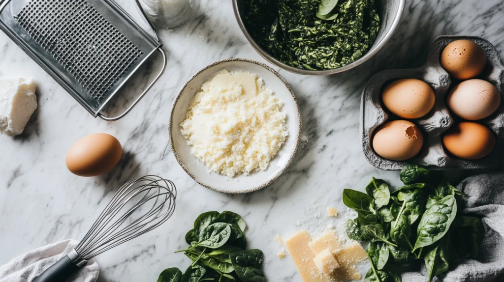  Ingredients for spinach souffle including spinach, eggs, cheese, milk, and seasonings on a marble counter.