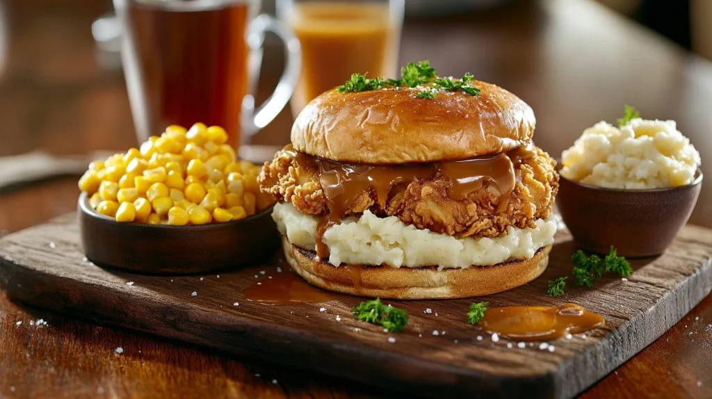 A close-up of assembling a KFC Boneless Chicken Mashed Potato Sandwich, with mashed potatoes, crispy chicken, cheese, and rich gravy.