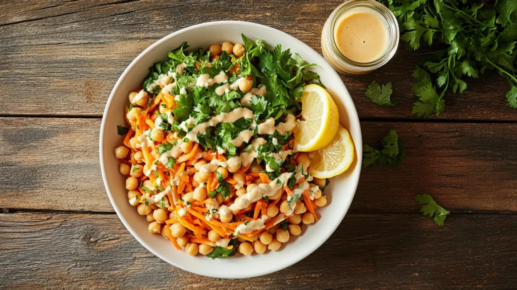 Overhead view of carrot and chickpea salad with parsley lemon in a white bowl, garnished with parsley and lemon.