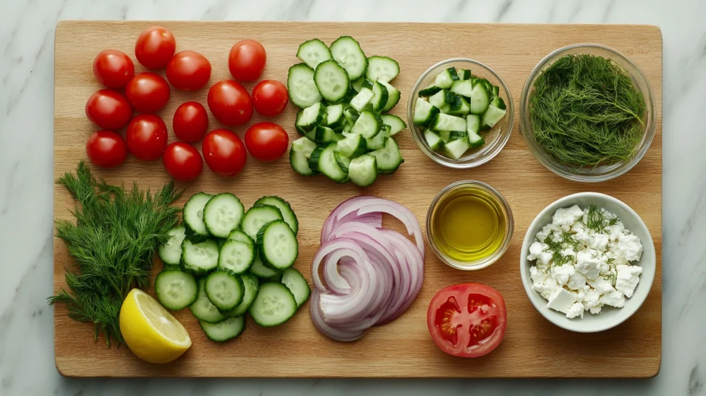 Fresh ingredients for a cucumber and tomato feta salad, including cucumbers, tomatoes, red onions, and feta cheese.