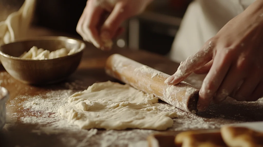 Hands rolling out healthy cinnamon roll dough on a floured surface with cinnamon sugar mix nearby.