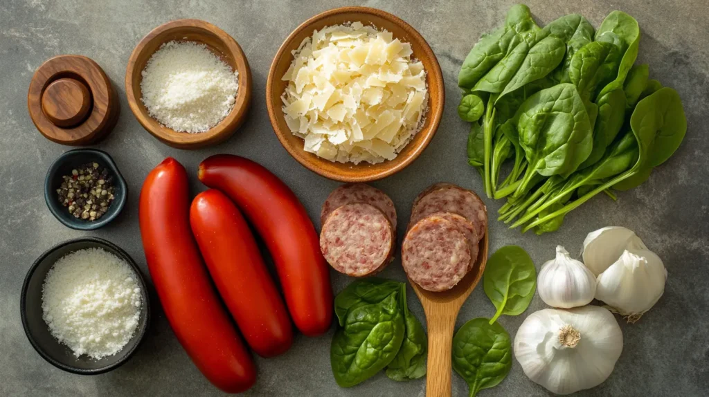 Fresh ingredients for creamy Parmesan Italian sausage soup, including sausage, spinach, Parmesan, tomatoes, and pasta. 