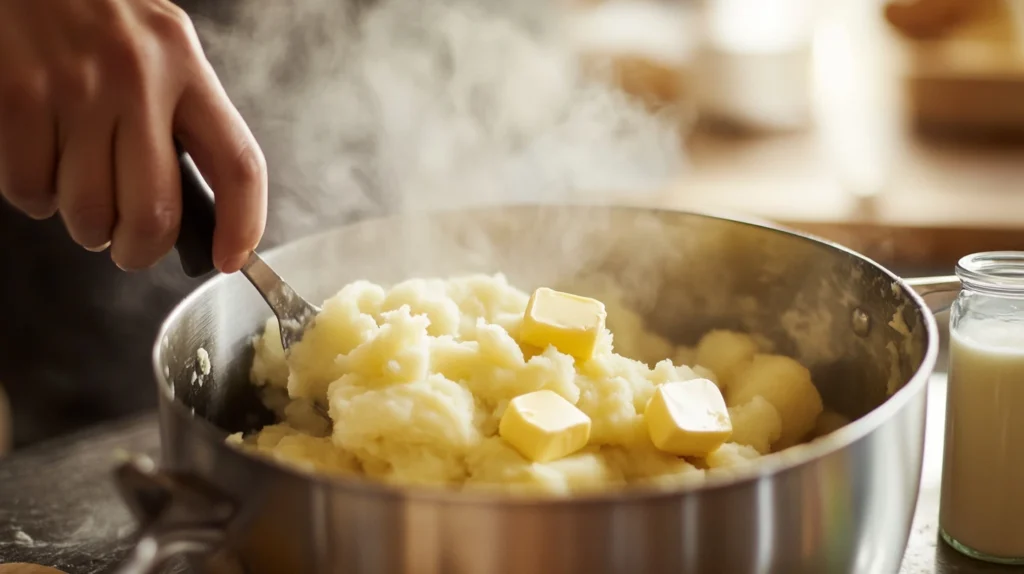 Close-up of a hand mashing boiled potatoes with butter and milk on a cozy kitchen counter.

