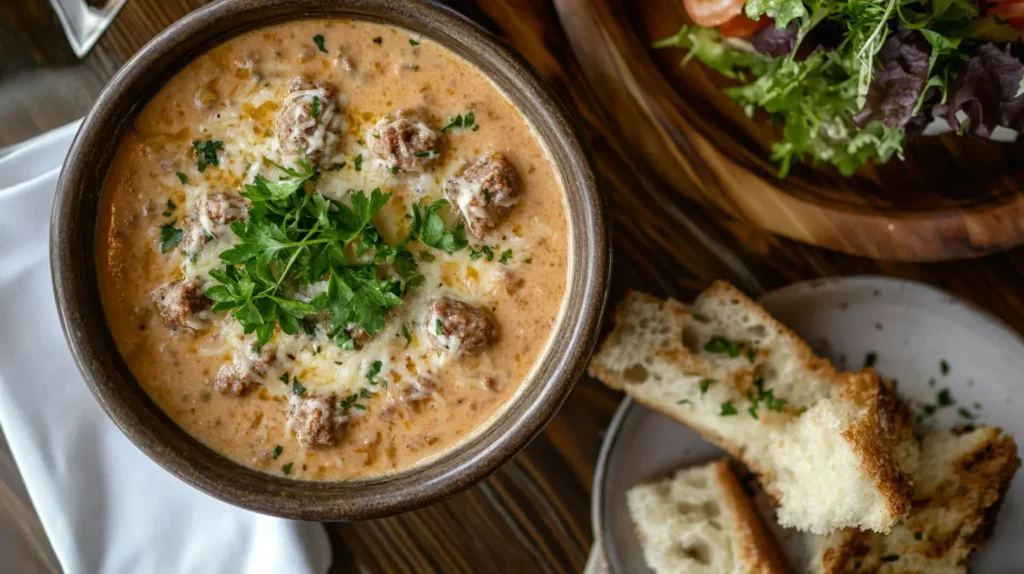 A bowl of creamy Parmesan Italian sausage soup garnished with parsley, served with garlic bread and a small salad.