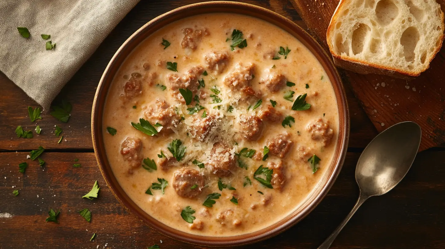 A steaming bowl of creamy Parmesan Italian sausage soup with parsley garnish, served with crusty bread on a wooden table.