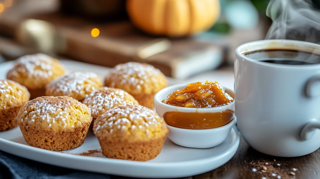 Pumpkin protein muffins on a serving platter, sprinkled with cinnamon and paired with pumpkin butter and coffee