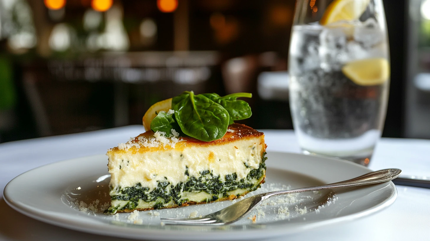 A slice of spinach souffle on a white plate with Parmesan and fresh spinach garnish, served with a fork.