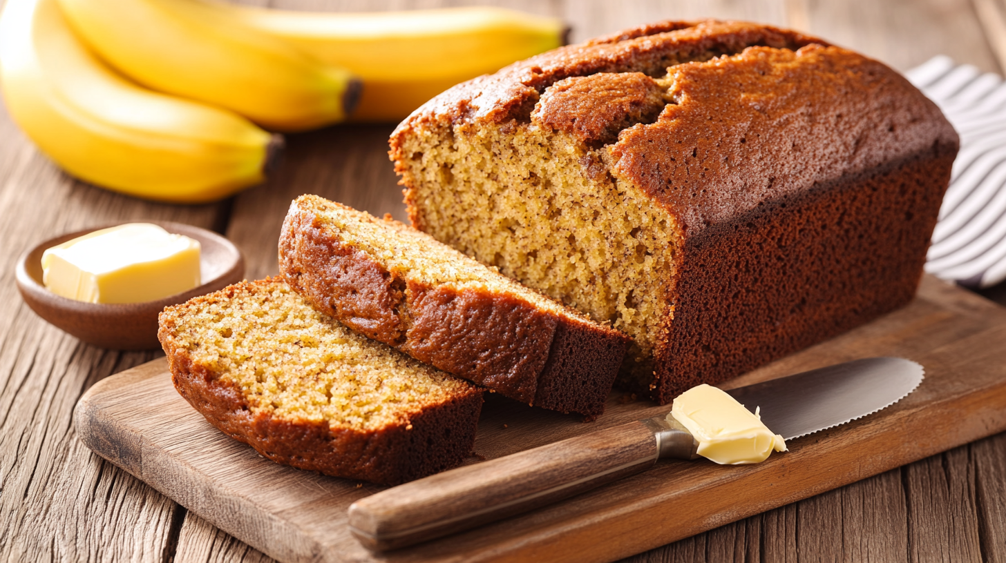 Golden loaf of 3 ingredient banana bread with sliced pieces on a wooden cutting board, surrounded by ripe bananas and butter