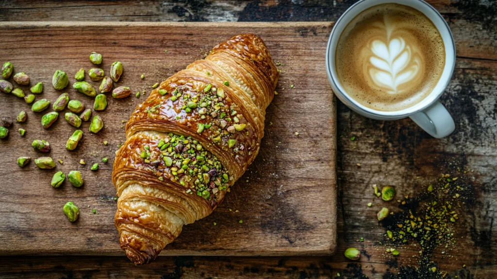 A plate of freshly baked pistachio croissants garnished with chopped pistachios and powdered sugar, placed on a rustic table.