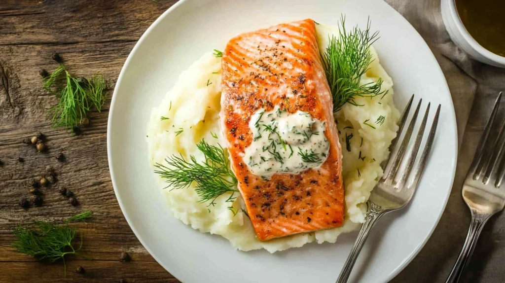 Overhead view of salmon and mashed potatoes garnished with dill and garlic herb sauce, served on a white plate