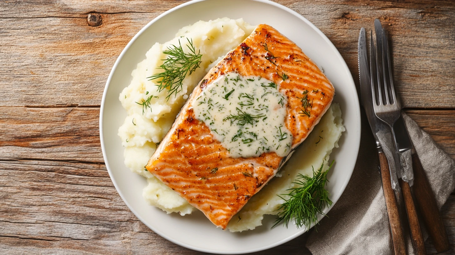 Overhead view of salmon and mashed potatoes garnished with dill and garlic herb sauce, served on a white plate.