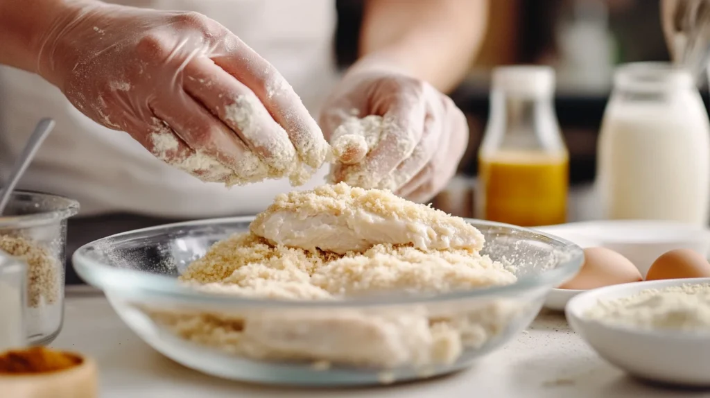 A home cook breading boneless chicken fillets by dipping them into flour, eggs, and panko breadcrumbs for frying.