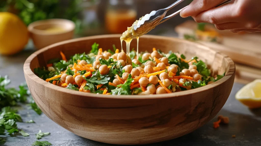 Action shot of tossing carrot and chickpea salad in a wooden bowl with tongs, showing fresh ingredients and dressing.