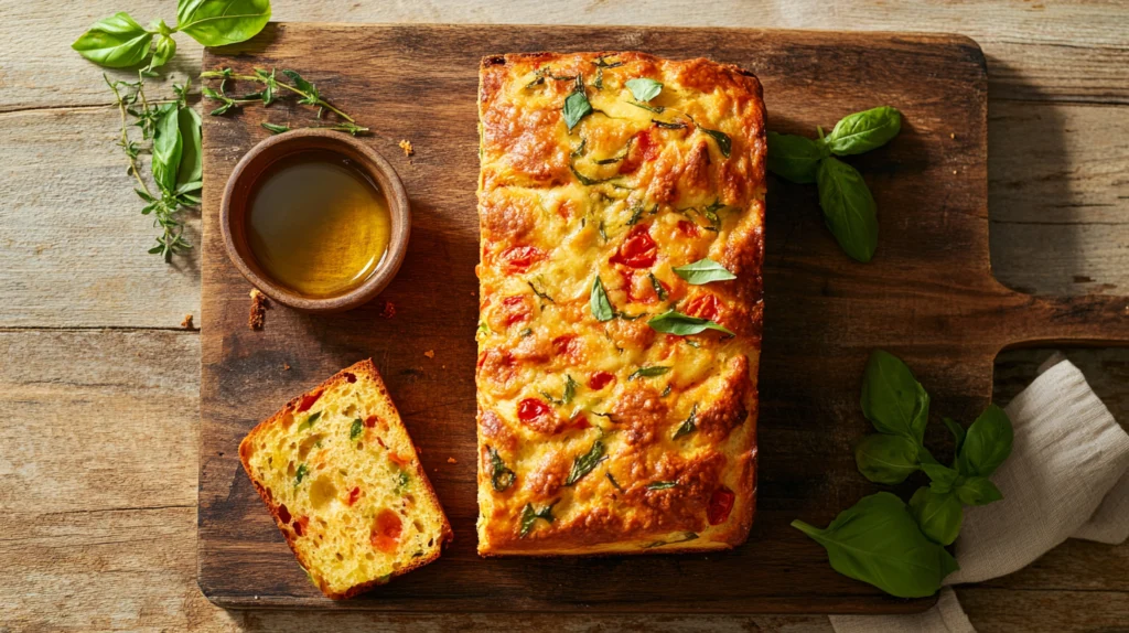 Freshly baked tomato basil bread loaf with sliced pieces on a wooden board, garnished with basil and olive oil