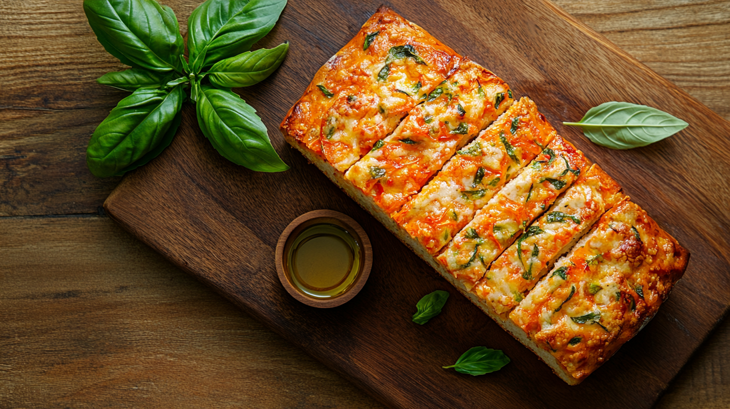 Freshly baked tomato basil bread loaf with sliced pieces on a wooden board, garnished with basil and olive oil