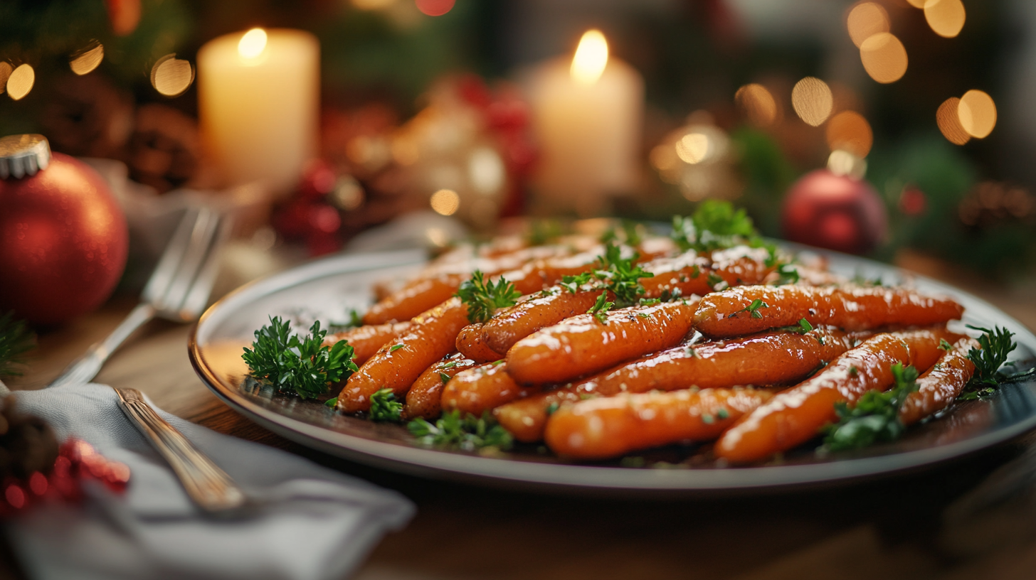 A platter of crockpot glazed carrots garnished with parsley, served on a wooden table with festive holiday decor.