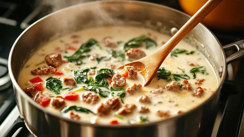 A pot of creamy Parmesan Italian sausage soup simmering on the stove, with spinach and sausage visible in the creamy broth. 