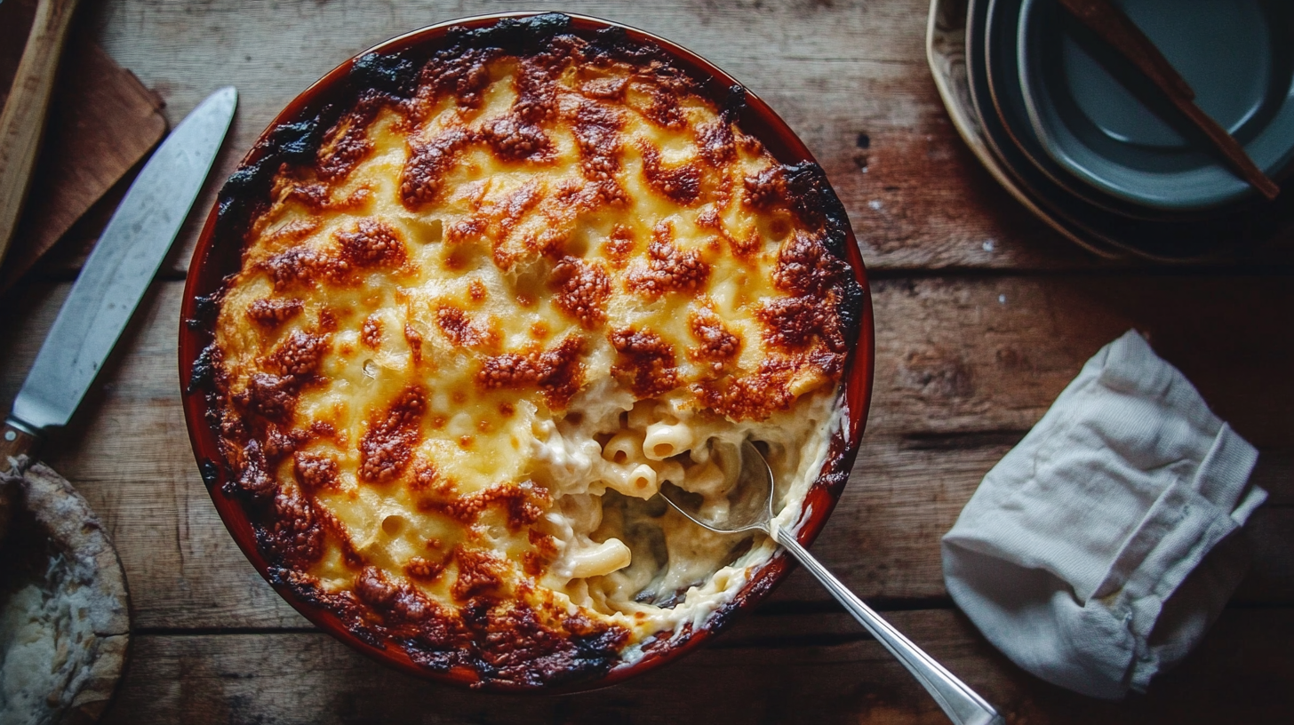 Golden-brown mac and cheese casserole with gooey cheese pulls and crispy top layer, served on a rustic table.