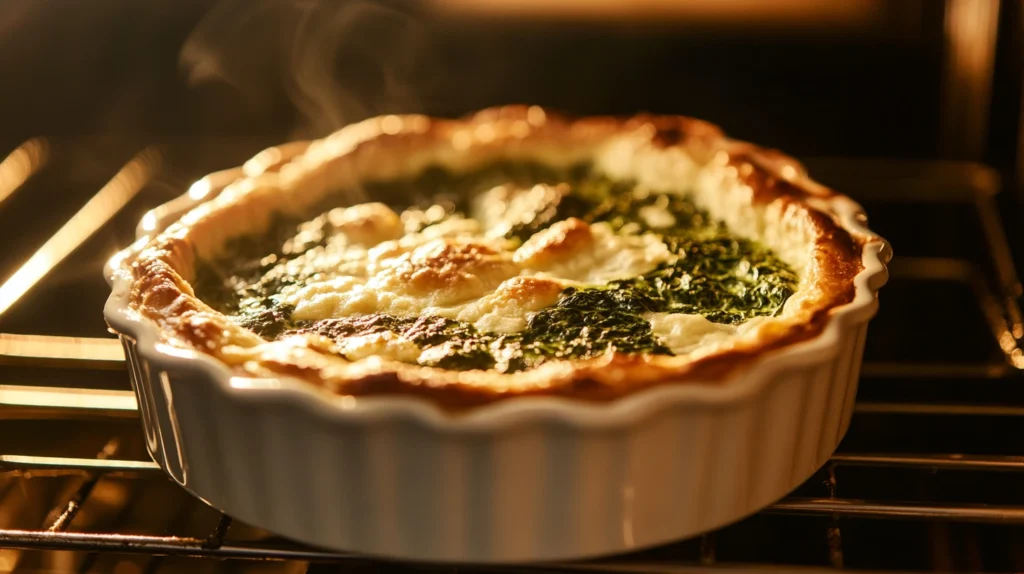 Spinach souffle rising in the oven, golden crust forming on the top, highlighting its fluffy texture for successful Spinach Souffle Recipe