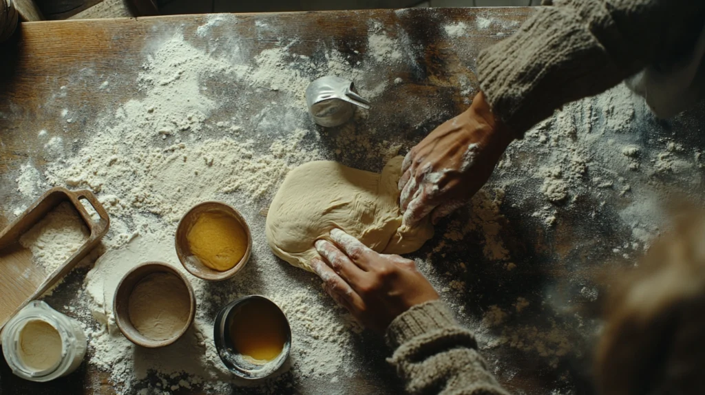  A baker’s hands kneading bagel dough on a floured surface with ingredients in the background.