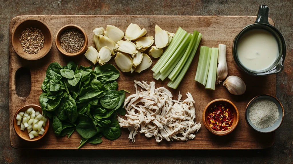 Flat lay of chicken spinach artichoke soup ingredients, including shredded chicken, fresh spinach, artichoke hearts, and aromatics on a wooden board.