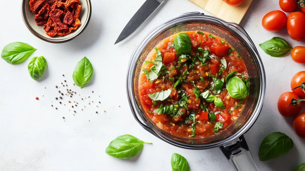 Blender filled with a tomato and basil mixture, surrounded by fresh basil leaves, tomatoes, and sun-dried tomatoes