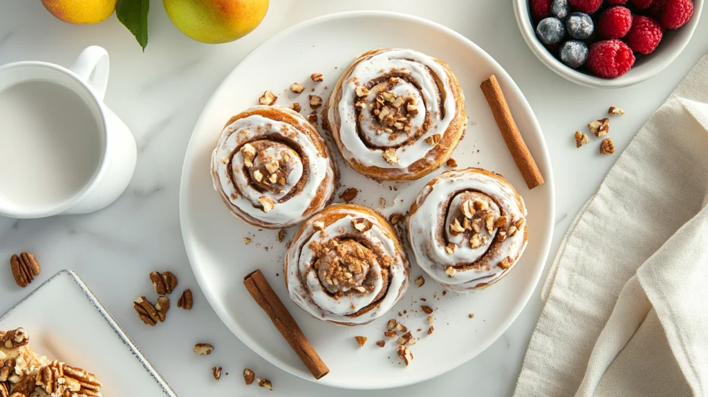 Healthy cinnamon rolls served with Greek yogurt icing, garnished with nuts and cinnamon sticks, alongside almond milk latte.