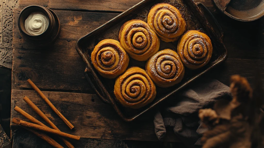 Freshly baked healthy cinnamon rolls drizzled with Greek yogurt icing, on a rustic wooden table.