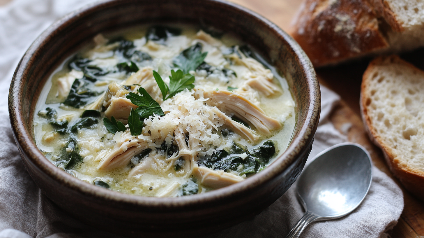 A close-up view of chicken spinach artichoke soup in a rustic ceramic bowl, garnished with parmesan and parsley, served with crusty bread.