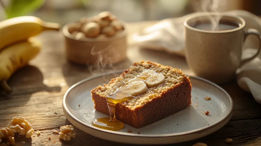 Slice of 3 ingredient banana bread drizzled with honey, served on a plate with a cup of coffee and fresh bananas