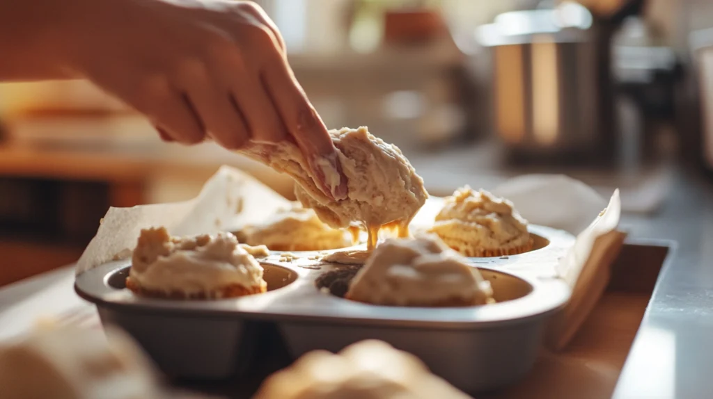 A baker scoops pumpkin protein muffin batter into a lined muffin tin, with chocolate chips sprinkled nearby.