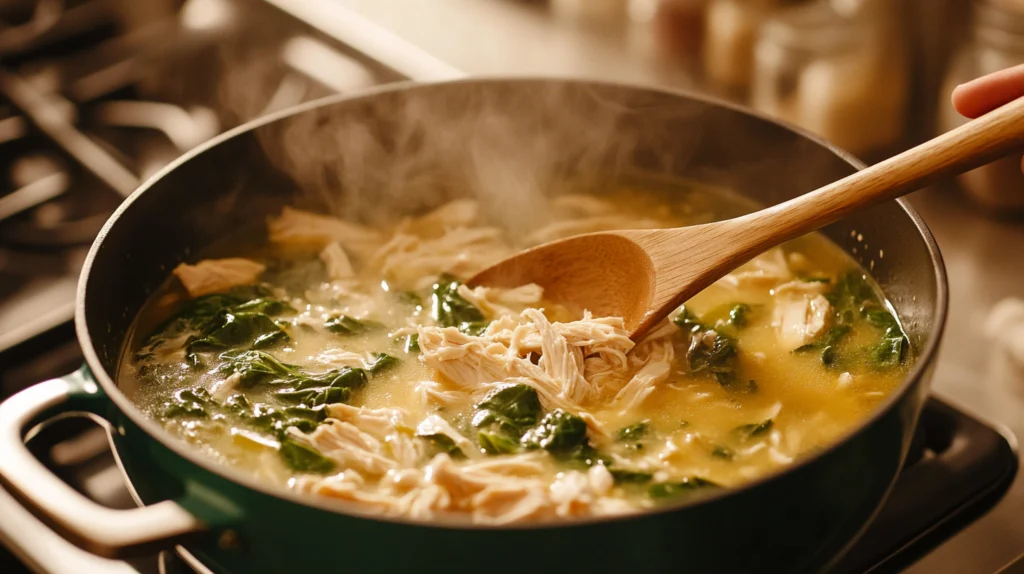 A pot of chicken spinach artichoke soup simmering on the stove, with chunks of chicken, spinach, and artichokes in a creamy broth.